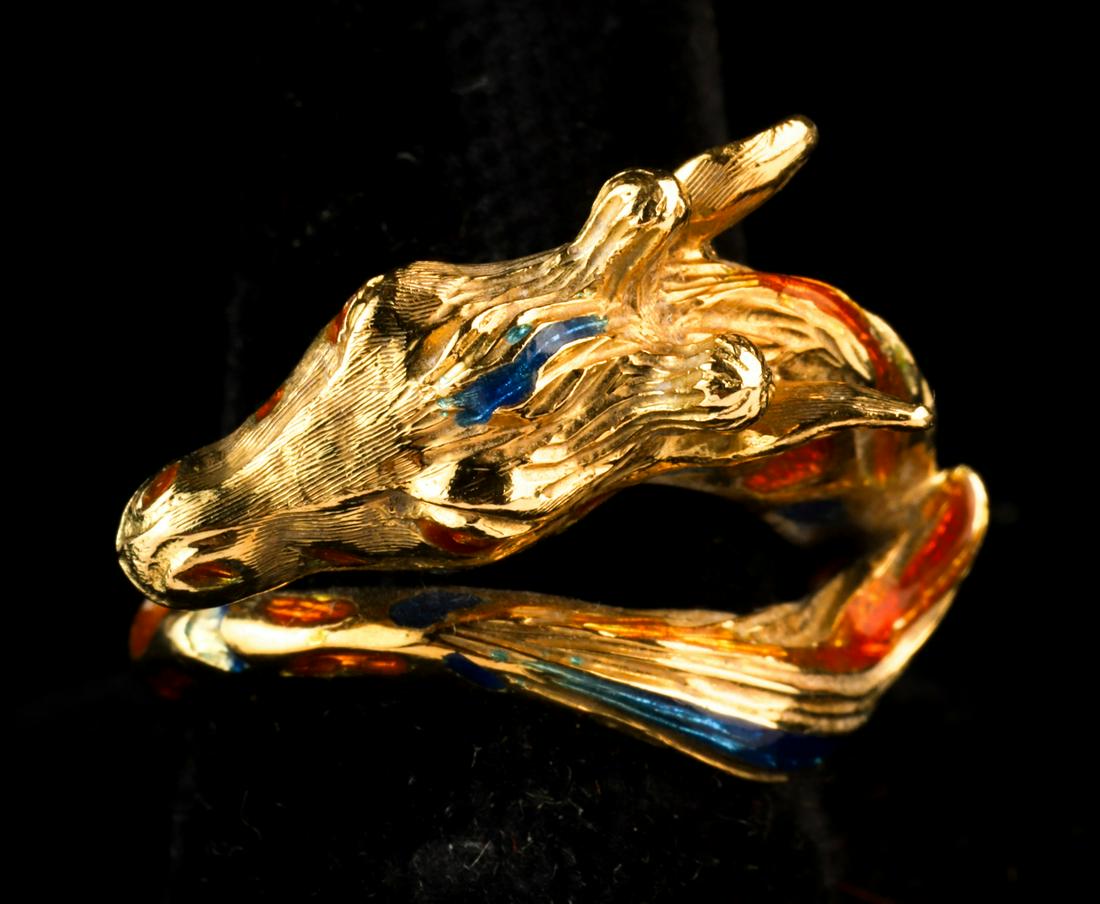 18k ENAMELED GOLD GIRAFFE RING: 7.1 dwt. Size 4 3/4 Condition: GoodTemp No 67-9067