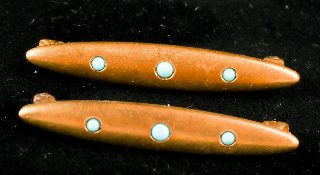 PAIR OF TIFFANY 14k GOLD BAR PINS set with TURQUOISE (1 of 8)