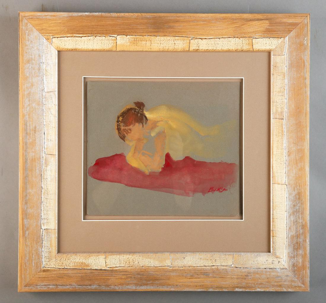 TERESA BAKSA (b. 1957): "Penny in a Short Pose" watercolor and pastel on board 9 1/2 x 10 1/2 inches (not including frame). signed. custom framed. Teresa Baksa: Graduate of Harvard University Extension School, A.L.B. cum lau