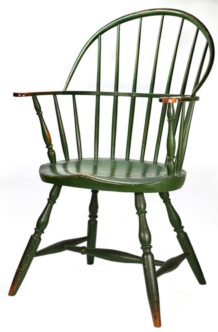 SACK BACK WINDSOR ARMCHAIR IN OLD GREEN PAINT (1 of 8)