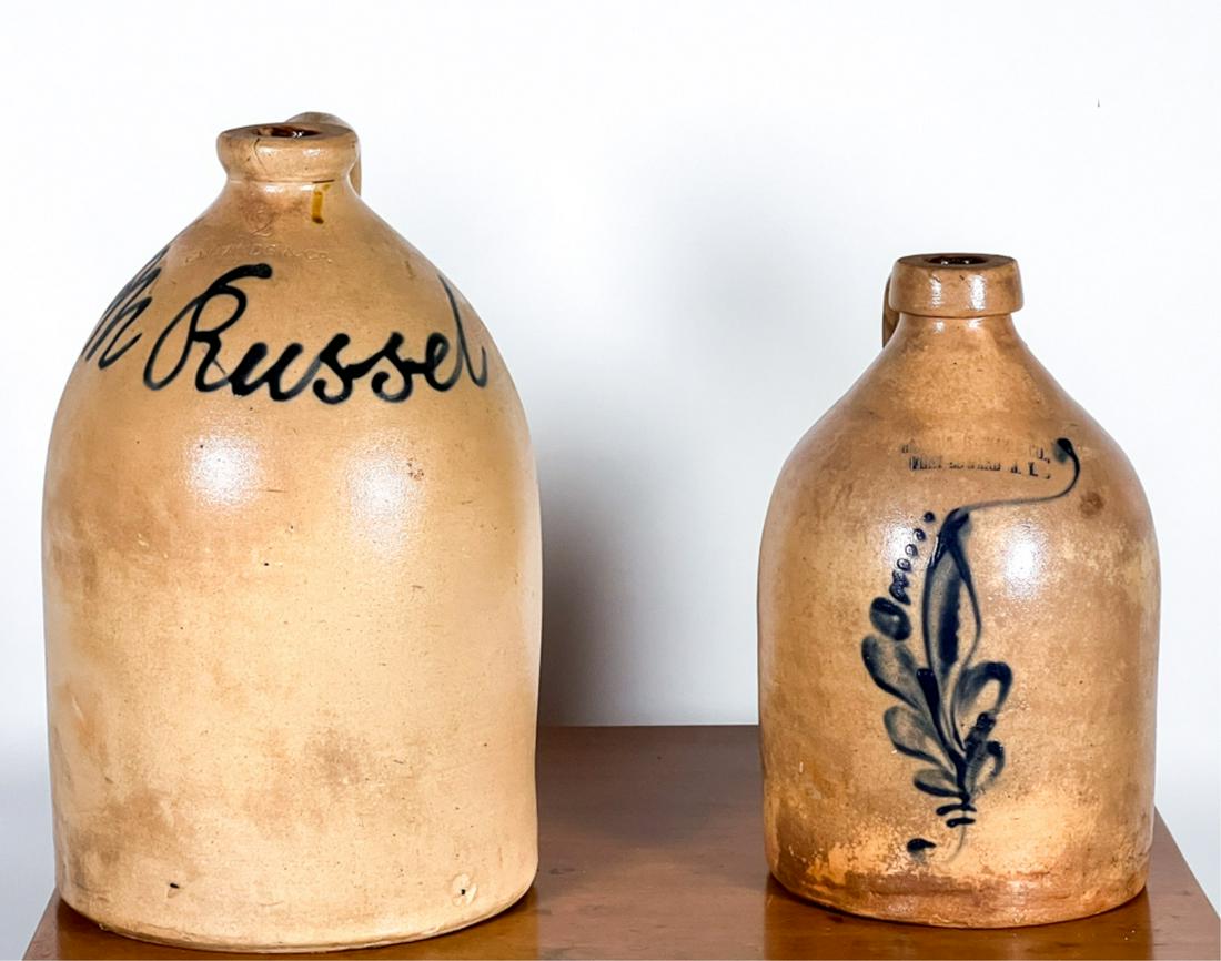 (2) EARLY STONEWARE JUGS w COBALT DECORATION (1 of 10)
