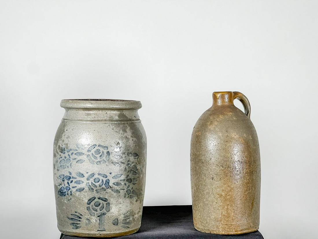 (2) STONEWARE VESSELS (1) w STENCILED FLOWERS (1 of 9)