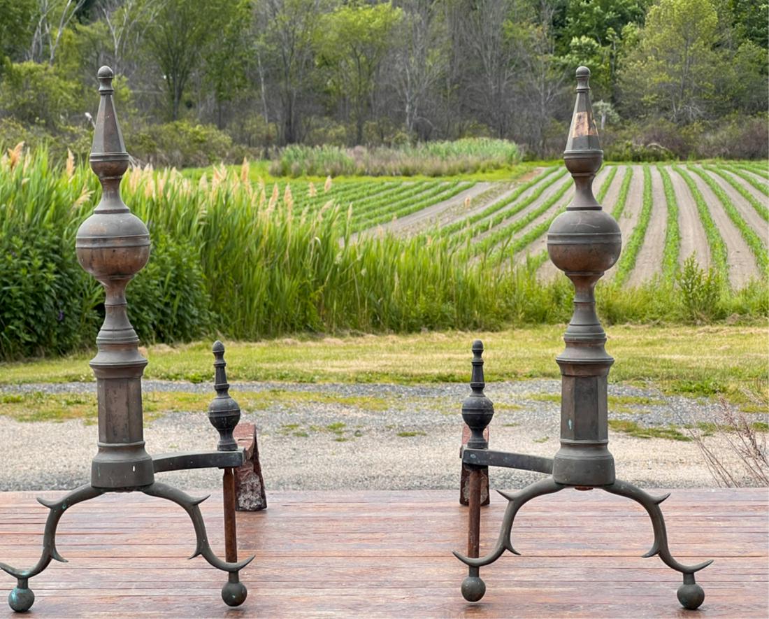 PAIR (18th/19th C) STEEPLE TOP BRASS ANDIRONS (1 of 10)