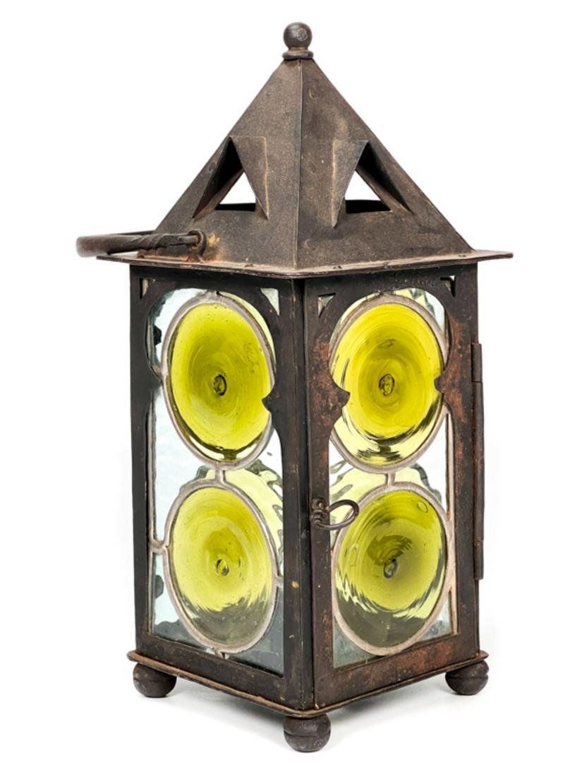 (19th C)  IRON LANTERN w BULLSEYE GLASS  PANELS (1 of 10)