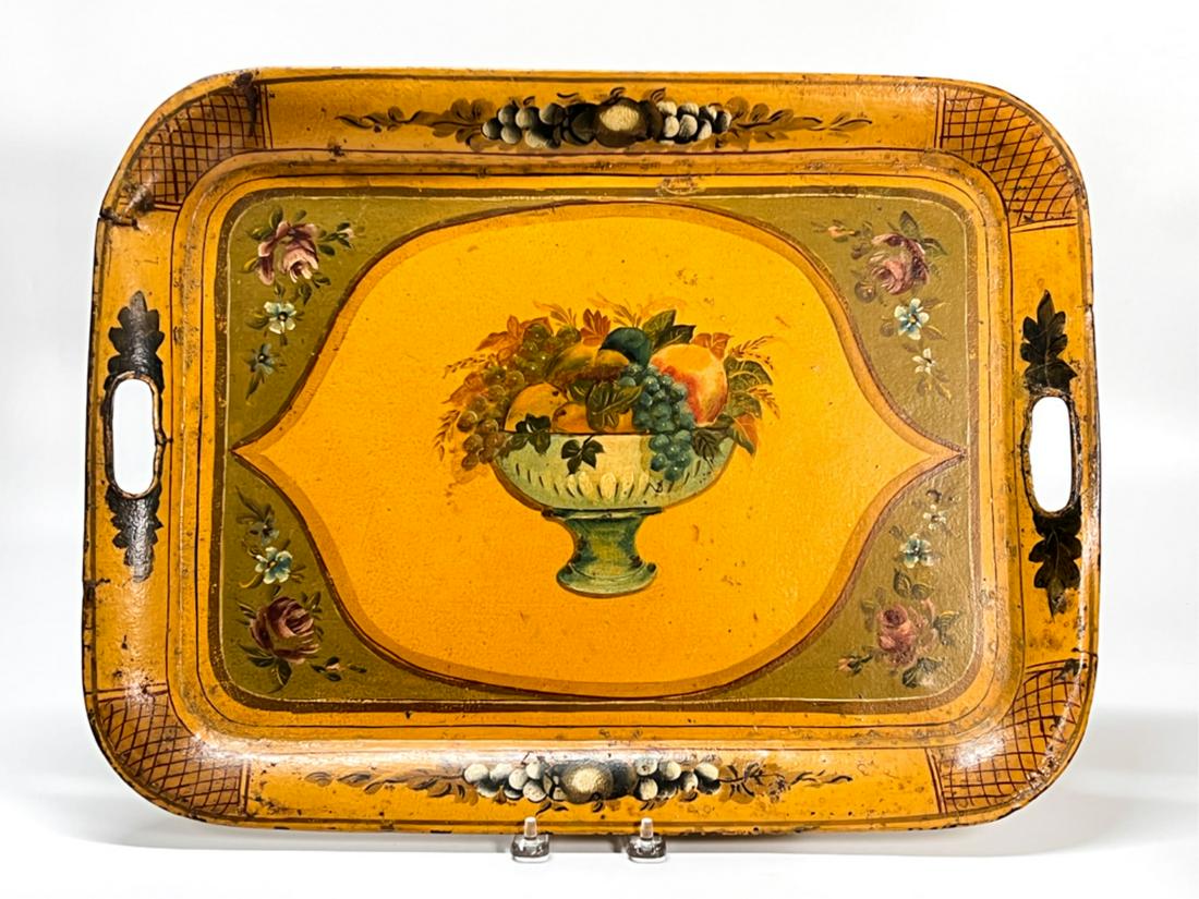 ANTIQUE TOLE PAINTED TRAY w CORNUCOPIA in MUSTARD (1 of 15)