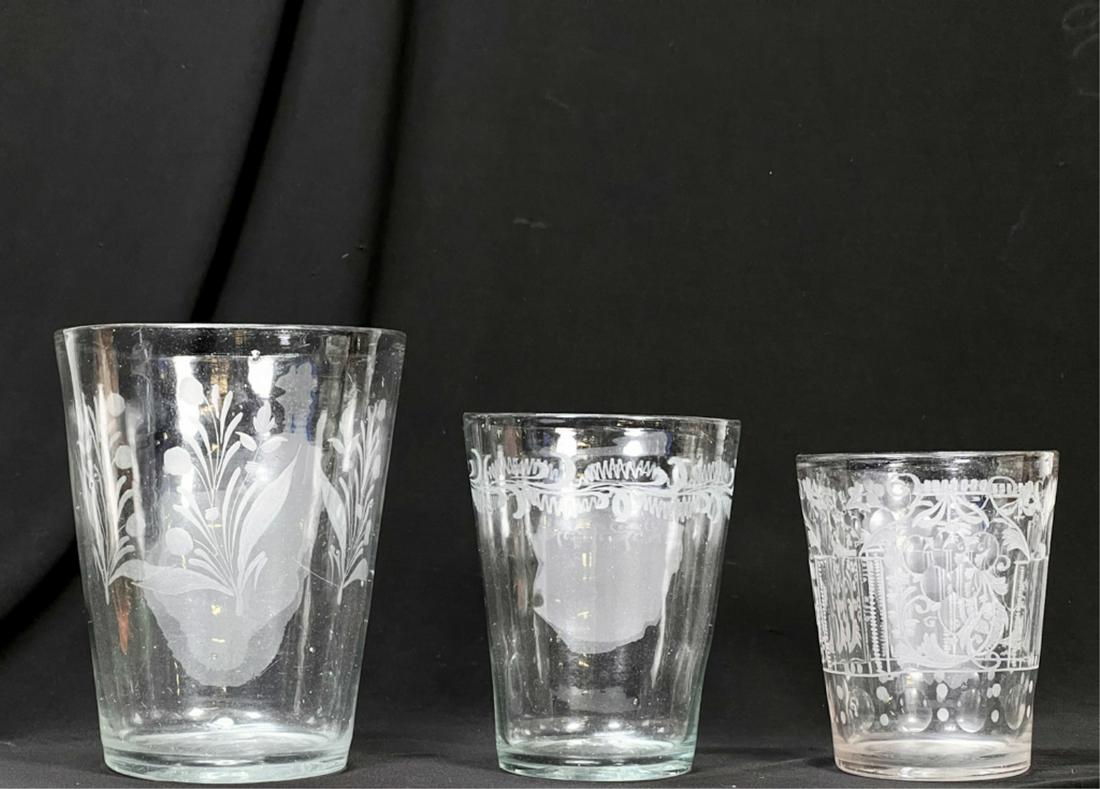 (3) ANTIQUE FLIP GLASS WARES w ETCHED DESIGN (1 of 9)
