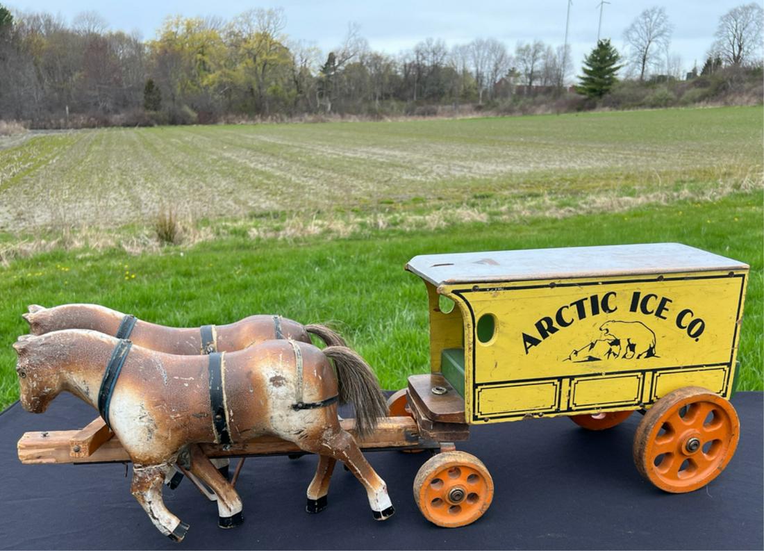 RARE JACRIM "DRIVE EM" HORSE TEAM & WAGON WOOD TOY: 11 1/2 x 33 x 8 inches. With authentic horse hair tail. Horses and wagon marked. Condition: Loss to horse ears. Wagon and team missing bolt for connection.
