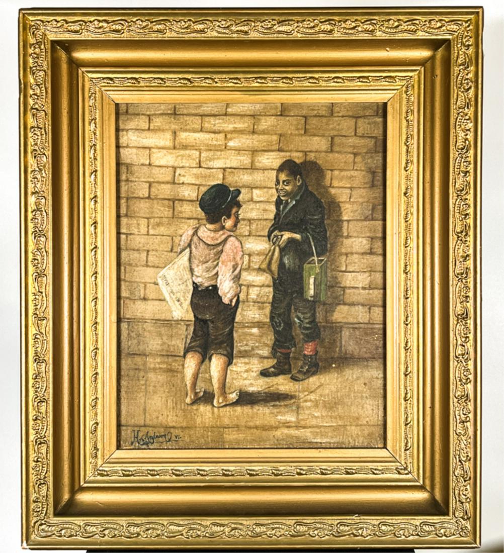 SIGNED 19th CENTURY OIL "THE NEWSBOYS": Oil on canvas. Housed in a lovely gilt carved frame. Signed "H. Anderson VI". 20 1/4 x 17 1/4 inches. Condition: Good.