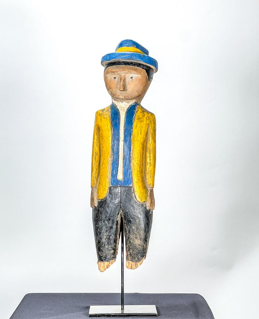 CARVED & PAINTED FOLK ART FIGURE IN YELLOW JACKET (1 of 9)