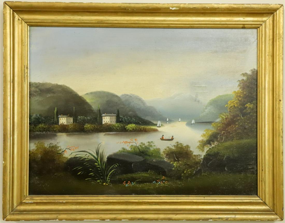 (19th C) HUDSON RIVER SCHOOL "LAKE w BOATS": Oil on canvas. Unsigned.18 x 24 inches Provenance: Allen Waller Antiques Condition: Good. Expected wear. Please see photos.