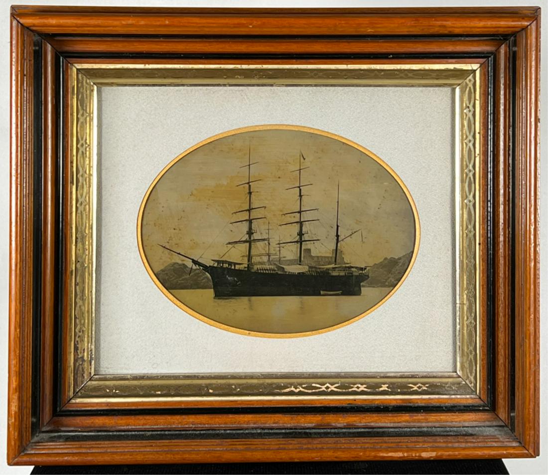 19th CENTURY PHOTOGRAPH BARQUE "ESSEX" OF SALEM: Housed in walnut frame. Barque Essex was constructed in 1870 in Newburyport MA. 11 7/8 x 13 7/8 inches. Condition: Good. Some discoloration.