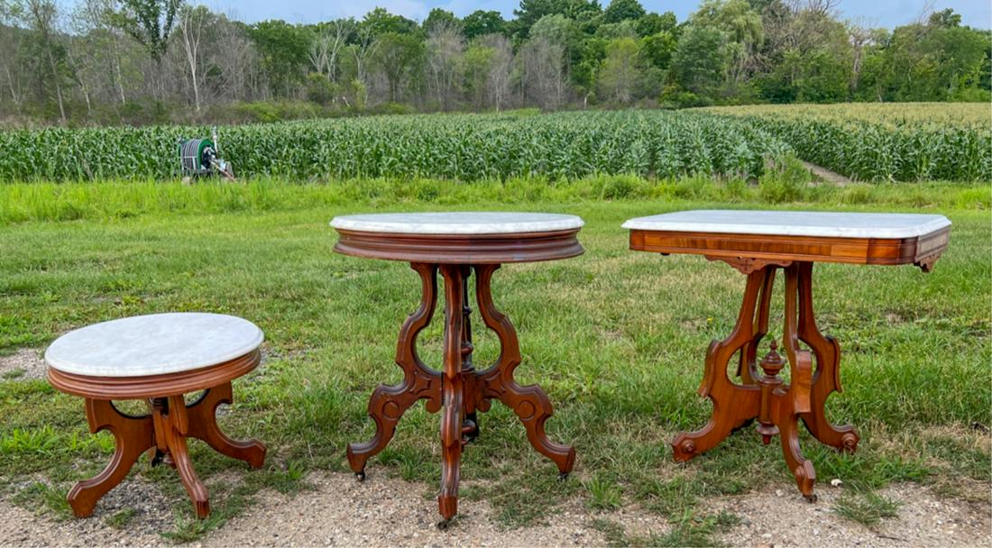(3) CARVED MAHOGANY VICTORIAN MARBLE TOP TABLES (1 of 8)