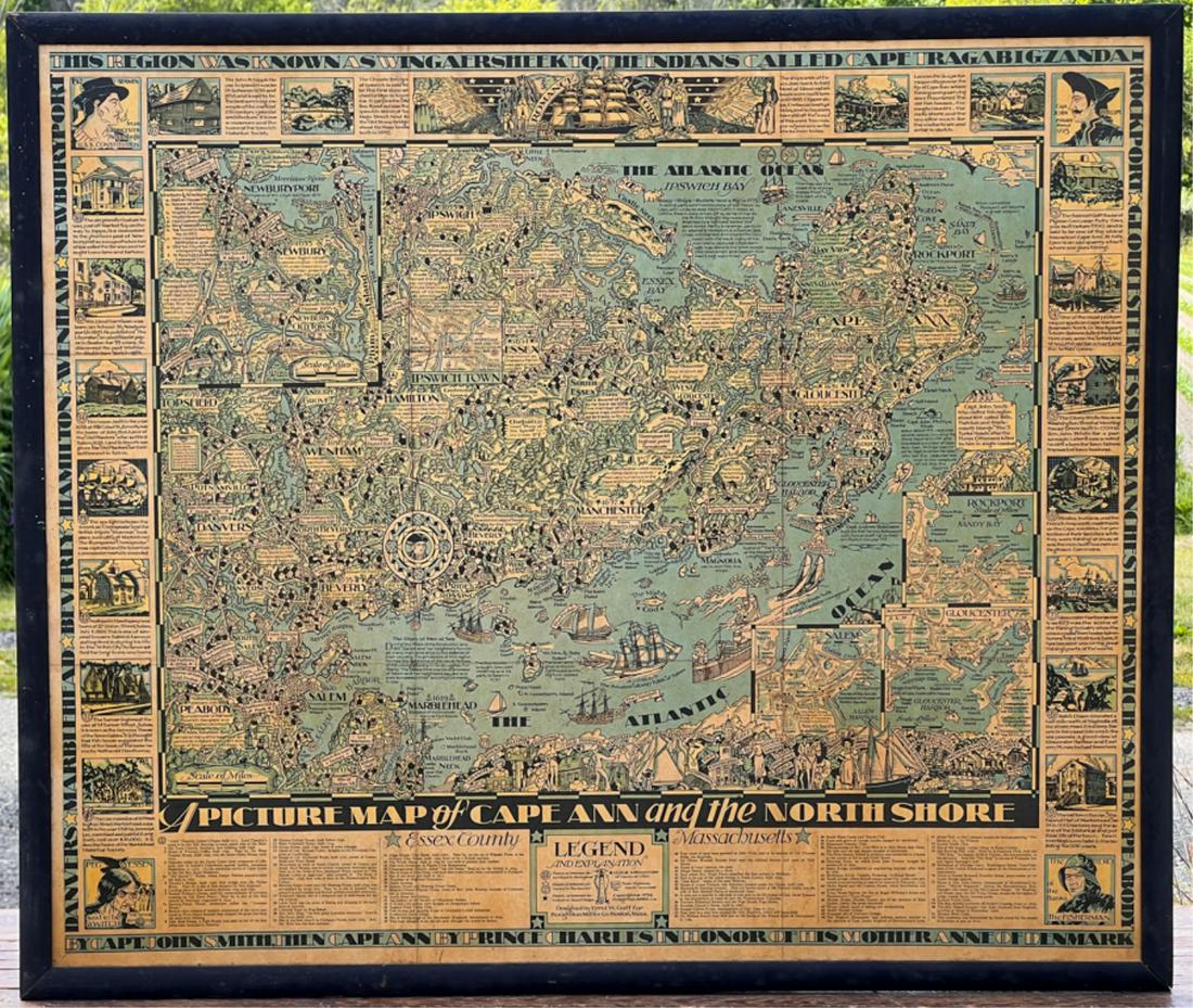 RARE PICTORIAL MAP OF CAPE ANN & THE NORTH SHORE: Mounted to board. Designed by Errol W. Goff for Houghton Mifflin Co Boston MA 1934. 31 3/8 x 36 1/2 inches. Condition: Good. Frame slightly bowed.