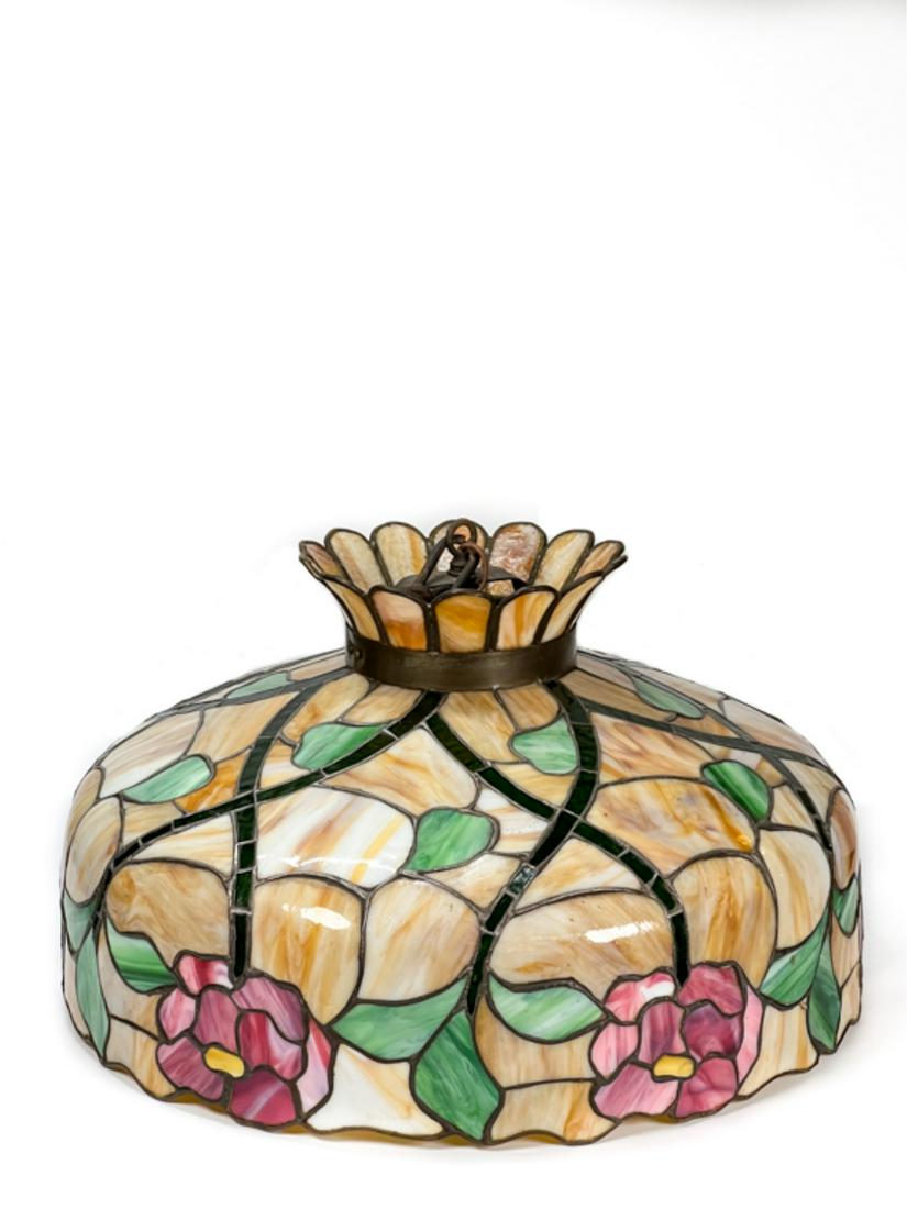 HANGING LEADED GLASS DOME SHADE w FLORAL MOTIF: Art Nouveau shade with Iris decoration. Nice quality shade. 13 x 22 1/4 inches. Condition: Good.