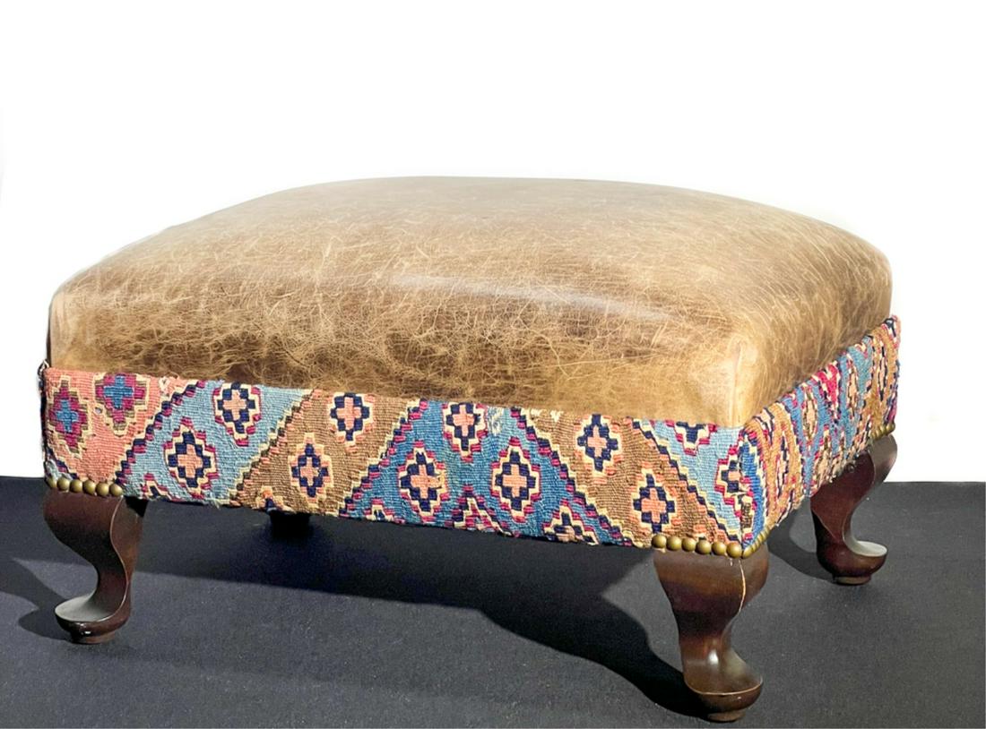 LEATHER UPHOLSTERED OTTOMAN ON CABRIOLE LEGS (1 of 3)