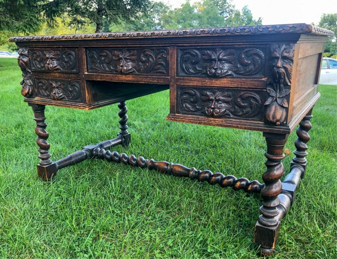 HEAVILY CARVED ENGLISH VICTORIAN DESK w NORTH WIND (1 of 12)