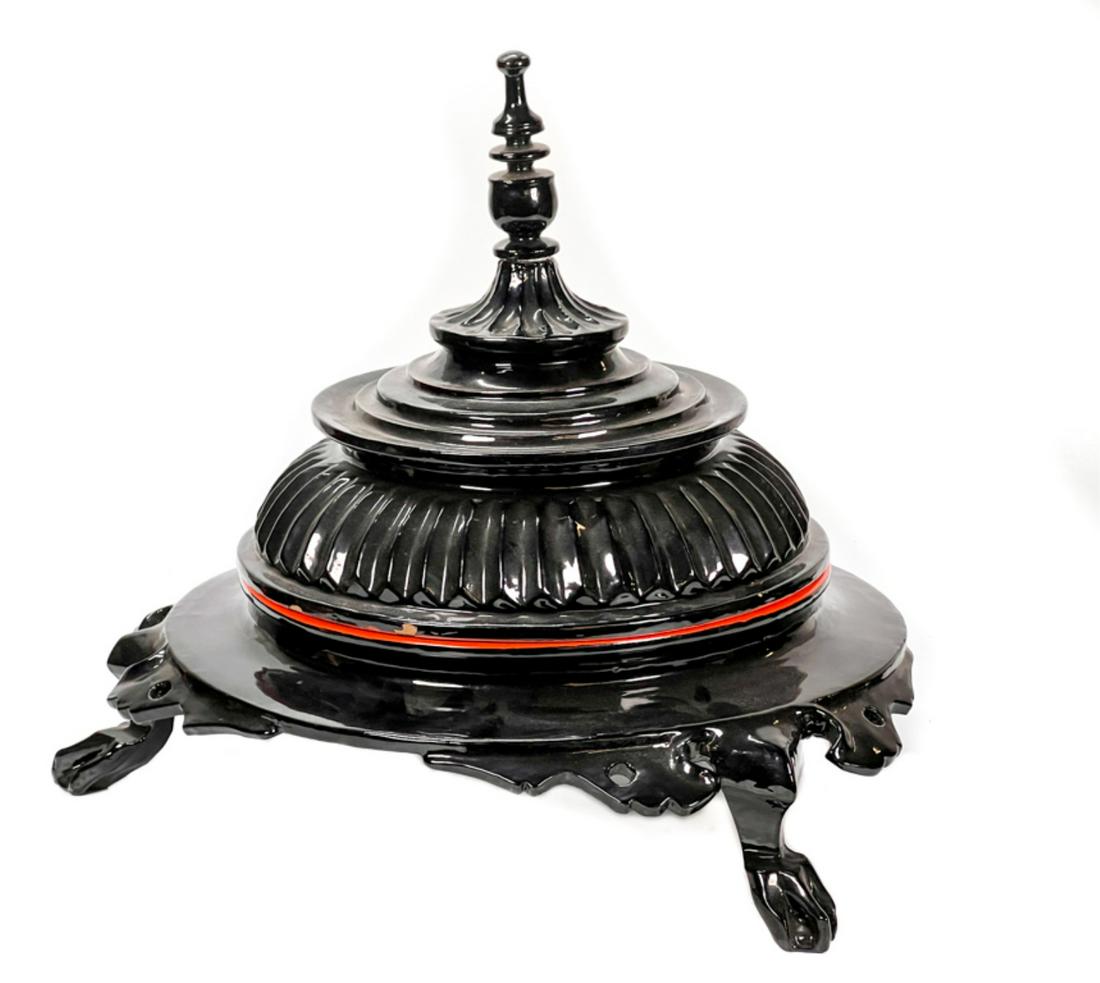 LACQUERED JAPANESE COVERED CENTERPIECE: With removable finial for venting. Supported on (3) clawed feet. 18 x 20 inches. Condition: Some losses to lacquer. Please see photos.