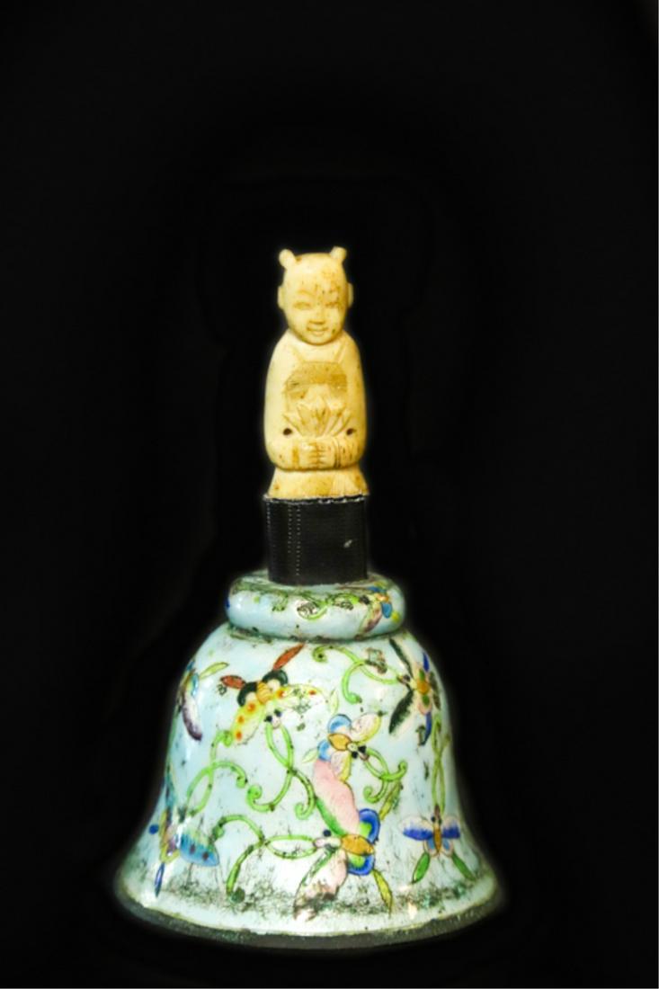 ENAMELED CHINESE DINNER BELL w CARVED HANDLE (1 of 5)