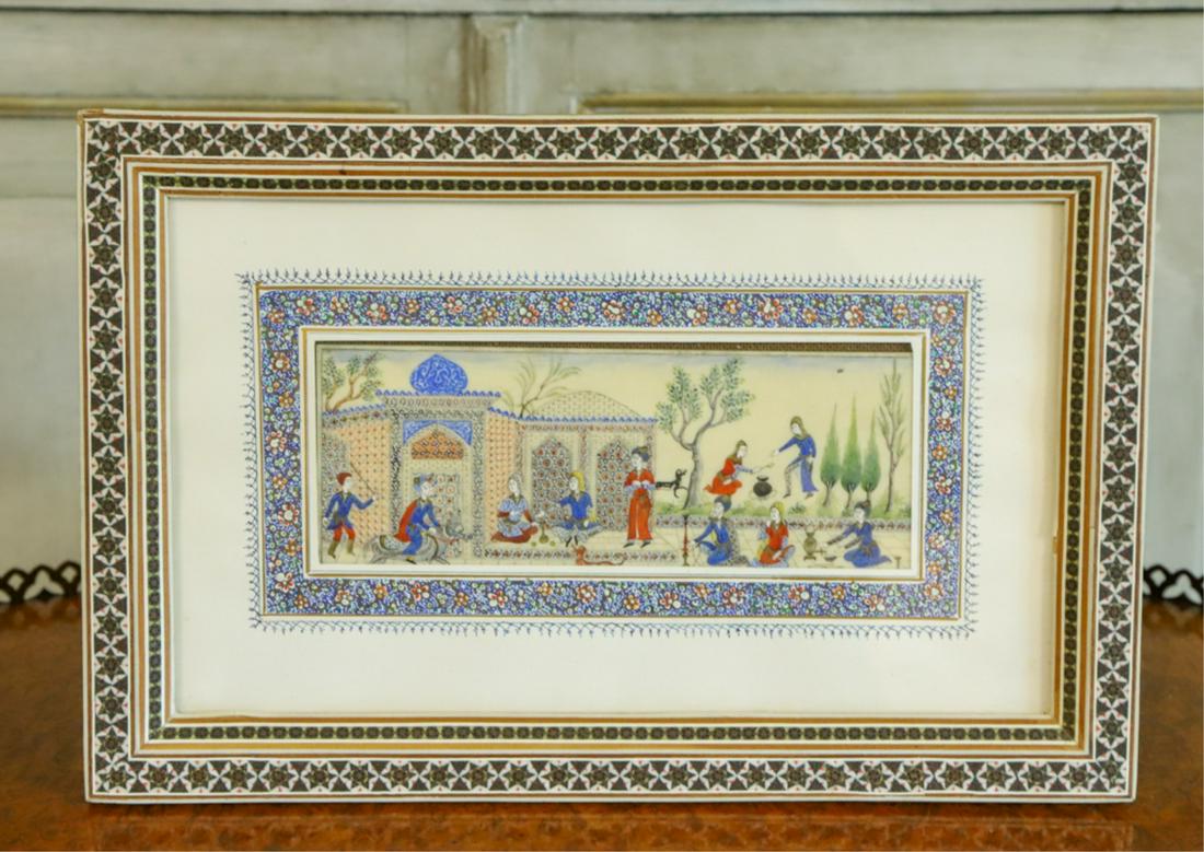 H. ALI SAJJADI (20th C) "COURTYARD SCENE": Iranian miniaturist. With hookahs, dogs, samovar, etc. Condition: Good. Expected wear. Please see photos.