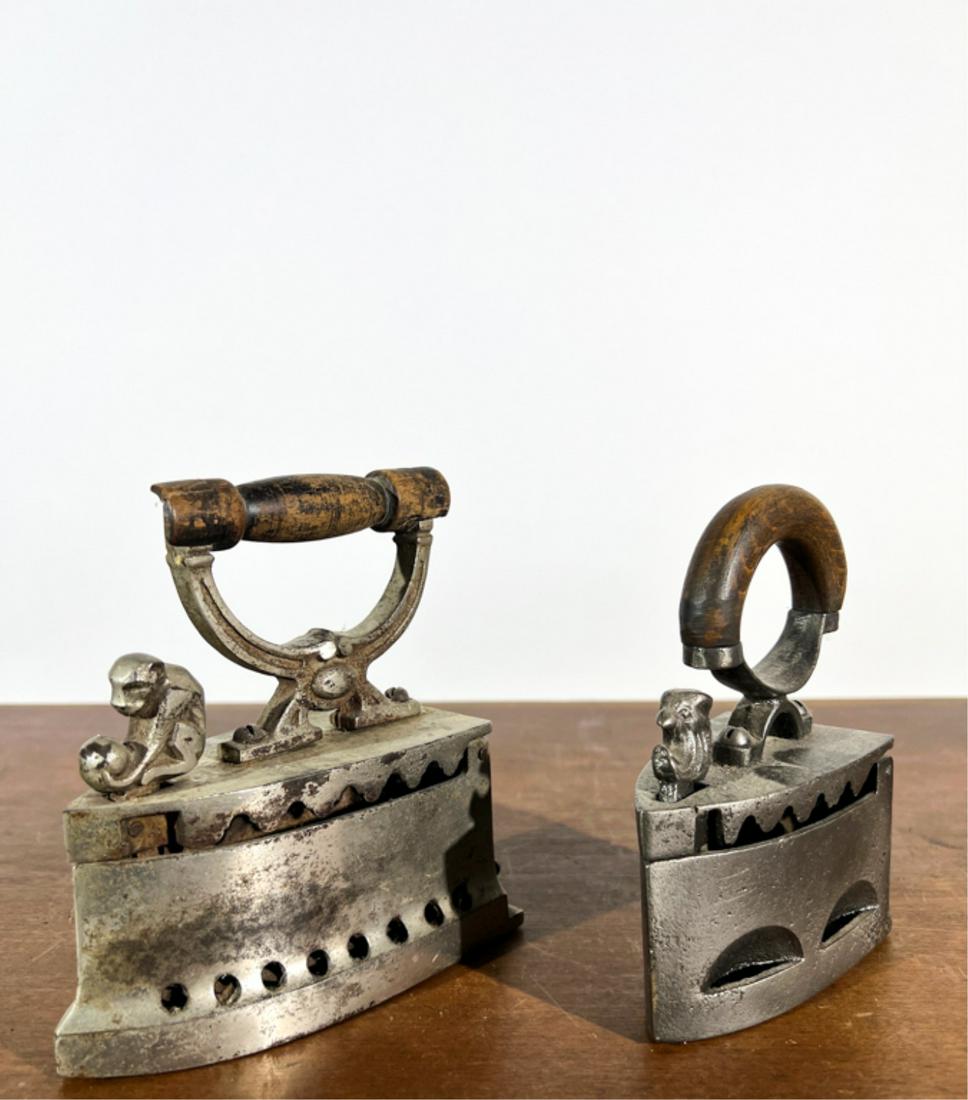(2) ANTIQUE BOX IRONS w FIGURAL LATCHES (1 of 9)