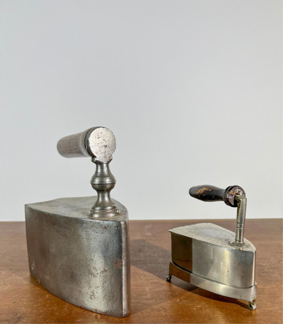 (2) NICKEL PLATED SLAB IRONS, (1) w TRIVET (1 of 4)