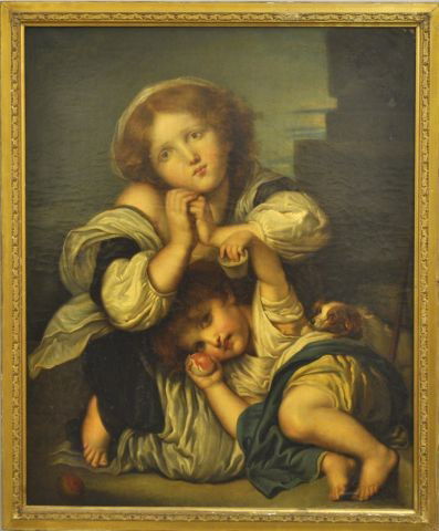 After Jean Baptiste Greuze, French (1725-1805): Two children with dog, signed Jean Baptiste Greuze, L.R. Oil on canvas, 35" x 28 1/2", Framed