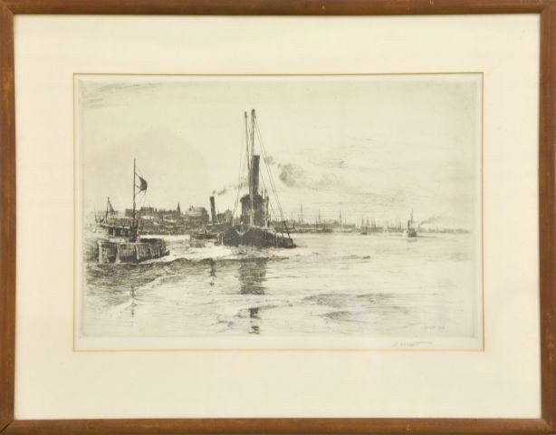 Charles Platt, American (1861-1933): Tug Boats in Harbor, signed CA Platt 1890, Etching, 12" x 18", Framed
