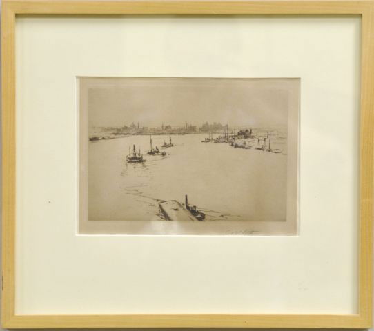 Charles Adams Platt, American (1861-1933): "Williamsburg from the Bridge", signed C. A. Platt, L.R. Etching, 6" x 9", Framed