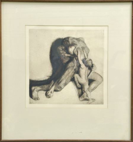 Kathe Kollwitz, German (1867-1945) : Jod und Frau, signed, Orig. Rad Von/ Oruck V.O. Felsing Berlin, Kate Kollowitz, In Print. Etching, 17" x 17", Framed