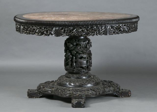 Beautiful Chinese Rosewood Table with Marble Top: late 19th/early 20th Century, revolving top, Chinese character marks to underside of marble, 37" H x 48" W