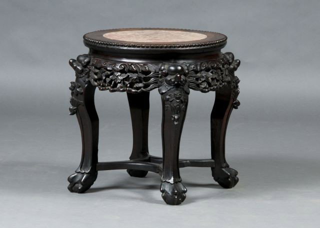 Carved Chinese Wood Stand: with marble top, late 19th/early 20th century, H: 18"