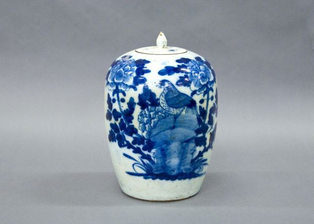 Late 19th c. blue & white Chinese ginger jar: with bird and floral design 12 1/2"h