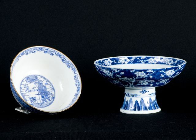 Lot of two Chinese bowls consisting of a: Chinese blue and white bowl, late 19th/early 20th century, mark on base; and a 20th century Chinese footed bowl. Bowl: 3" H x 6" W Footed Bowl: 4 1/8" H x 7 1/2" W