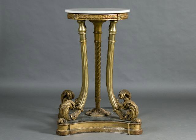 19th C. Italian Gilt wood Rococo Pedestal: Having Marble top with acanthus leaf carved apron rising on a center column with four splayed supports ending in leafy scrolls, above faux marble platform shaped base, Height: 44" Diameter of marble: 