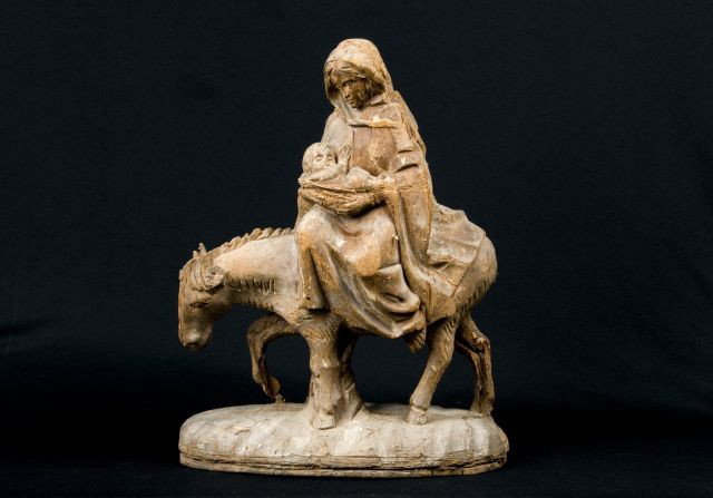 Early 19th c. Continental carving of Mary w/ Jesus: riding a donkey, unpainted, 20"h x 16"w