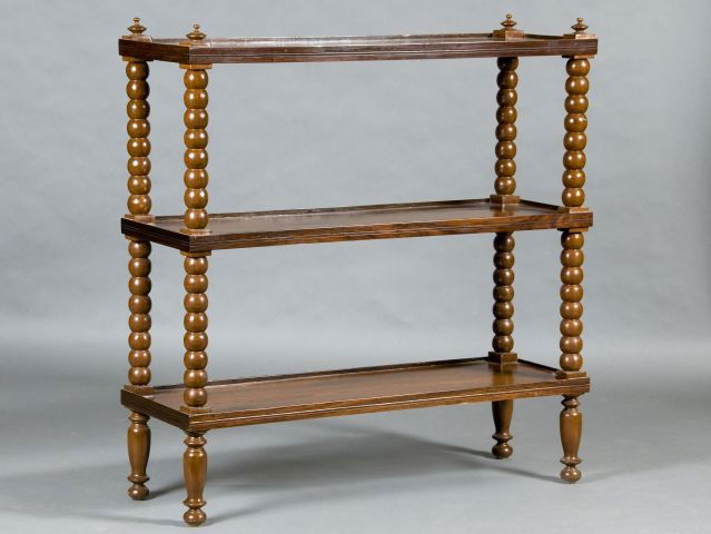 Anglo-Indian 19th Century Dumb Waiter: three tier with lipped edges and spool turned supports, 48" H x 46" W x 15" D