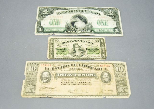 Paper Currency,: Lot of three twenty-five cents of Canada 1870; One dollar Canada March 17, 1917; and ten Pesos 1914