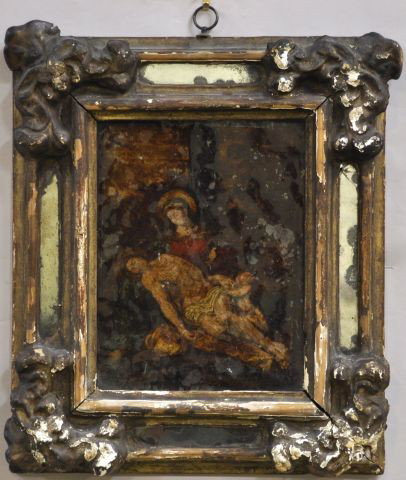 Northern Italian early 18th C frame with mirrored: border having a colored engraving mounted to glass, "Death of Jesus", 17" x 14 1/2"
