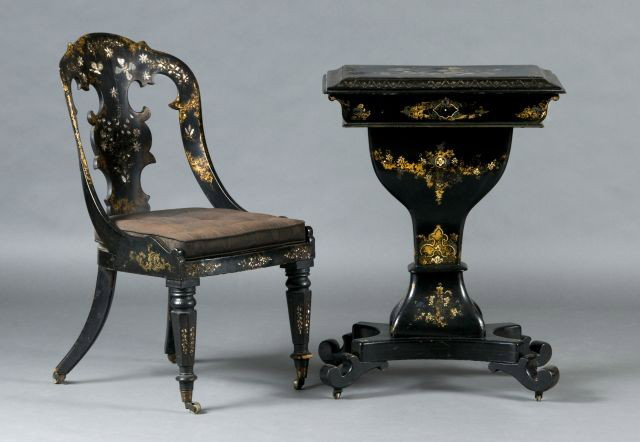 English 19th c. mother of pearl inlaid papier: sewing stand, top lifts to reveal a silk fitted interior over a hour glass form standard ending in a scroll foot base, locks stamped "VR Bramahs", 33"h x 24"w x 15 1/2"d