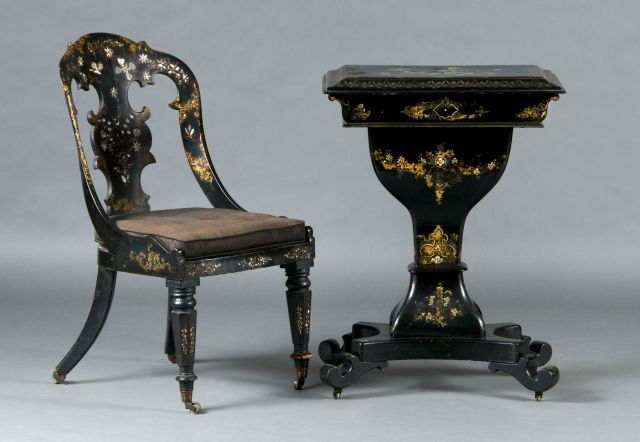 English 19th c. mother of pearl papier mache chair: with caned seat and octagonal turned legs, 35"h x 20"w x 19"d