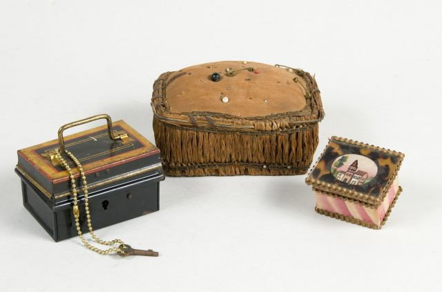 Lot of Three, faux tortoise paper and glass: ring box, basket weave 19th Century pin cushion, and a miniature strong box with key, 3" L