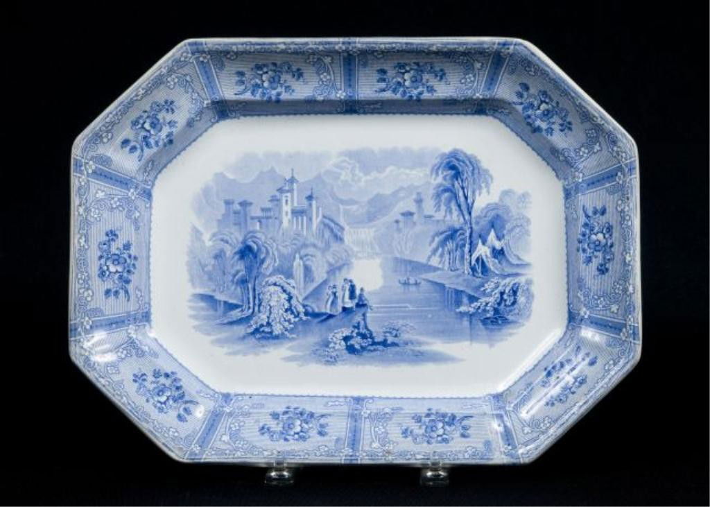 English blue and white 19th c. platter: Ontario Lake Scenery, J. Heath, 15 1/2" X 12"