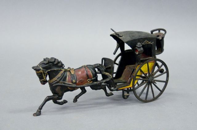 Cast iron paint decorated horse drawn handsome cab: . Length: 11" Height: 5 1/2"