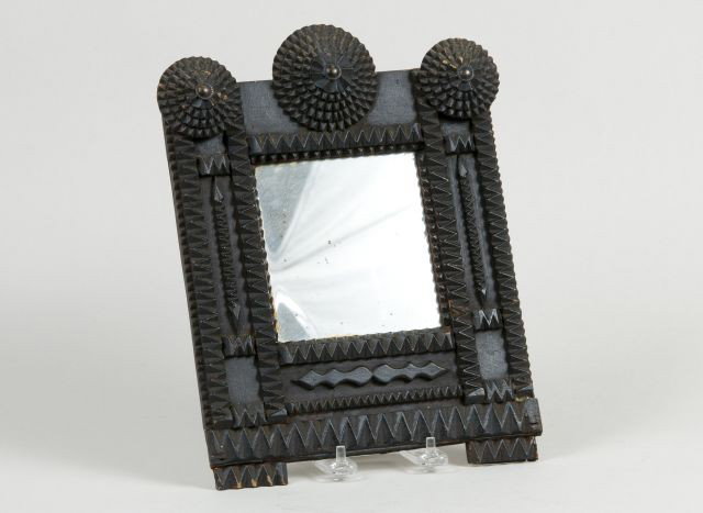 Tramp Art Framed Mirror: with Three wheel top maintains, original dark surface, 11 3/4" X 9"