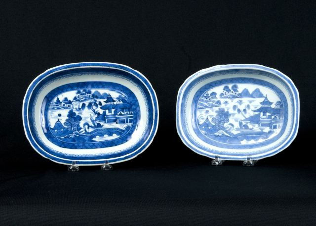 Two Chinese Canton blue and white vegetable: dishes. Length: 9 1/4"