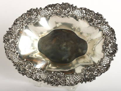 ENGLISH STERLING SILVER REPOUSEE BREAD DISH: Monogrammed "GL" 14 1/2" x 10 3/4" 21.9 Oz. Troy Condition: Ref photos or call for more info Temp No 5000