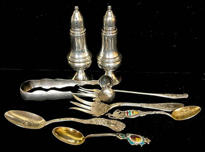 (8) MISC PIECES OF STERLING SILVER: Including tongs, souvenir spoons, serving pieces and weighted salt and pepper. 4.35 ozt weighable Condition: Ref photos or call for more info Temp No 5003