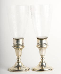 PR TOWLE WEIGHTED STERLING SILVER HURRICANE LAMPS: Lamps have etched floral pattern design. 11" Condition: Ref photos or call for more info Temp No 5004