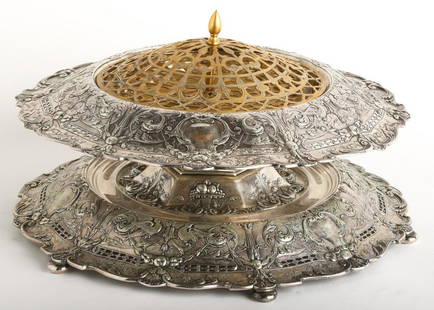 GORHAM STERLING SILVER REPOUSSE CENTERPIECE: Top gilt color piece is plate. 8" x 14". 87.7 ozt weighable Condition: Ref photos or call for more info Temp No 5006