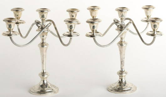 PAIR WEIGHTED STERLING SILVER CANDELABRA: 13" tall Condition: Ref photos or call for more info Temp No 5008